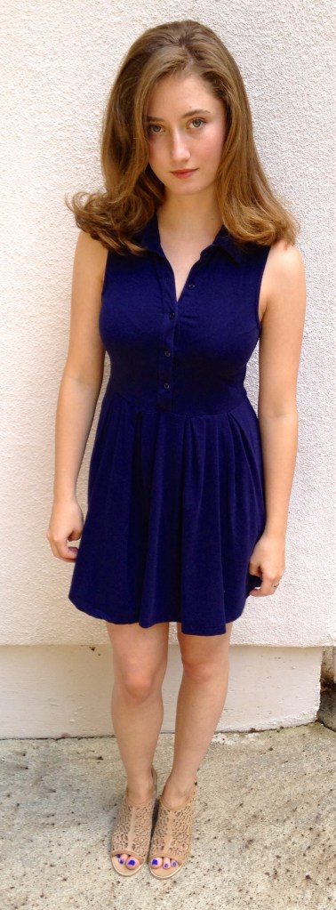Blue dress with cutout mules.