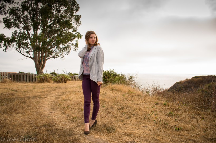 Burgundy skinny jeans, patterned tank top, wedges, gray sweater