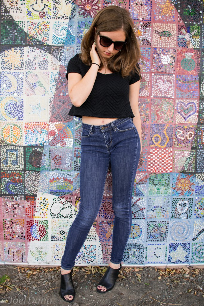 Black crop top, Levis High Waisted Jeans, Steve Madden Heels, Big Sunglasses