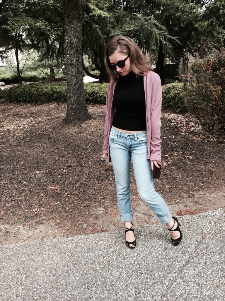 Strappy Zara Heels, Purple Sweater, Black Turtleneck Tank, Lucky Boyfriend Jeans, Louis Vuitton Wallet, Anthropology Sunglasses