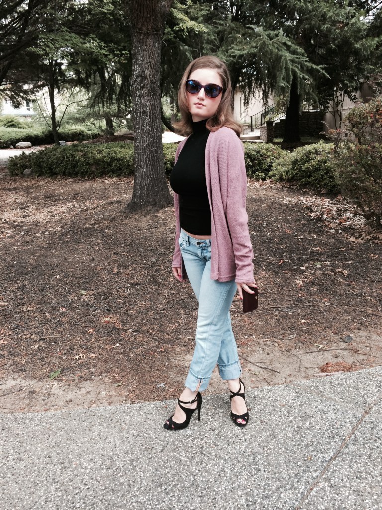Strappy Zara Heels, Purple Sweater, Black Turtleneck Tank, Lucky Boyfriend Jeans, Louis Vuitton Wallet, Anthropology Sunglasses