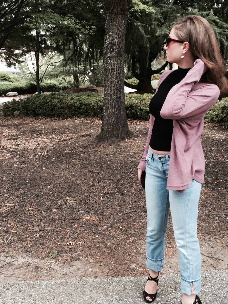 Strappy Zara Heels, Purple Sweater, Black Turtleneck Tank, Lucky Boyfriend Jeans, Louis Vuitton Wallet, Anthropology Sunglasses