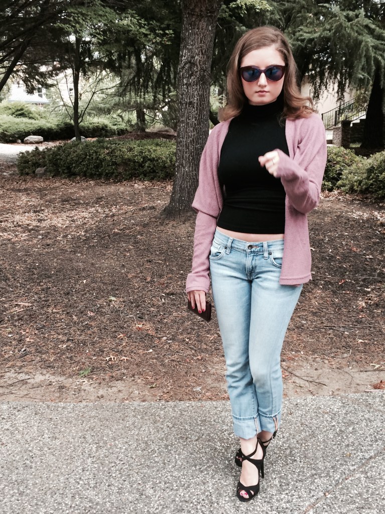 Strappy Zara Heels, Purple Sweater, Black Turtleneck Tank, Lucky Boyfriend Jeans, Louis Vuitton Wallet, Anthropology Sunglasses, Nude Lip