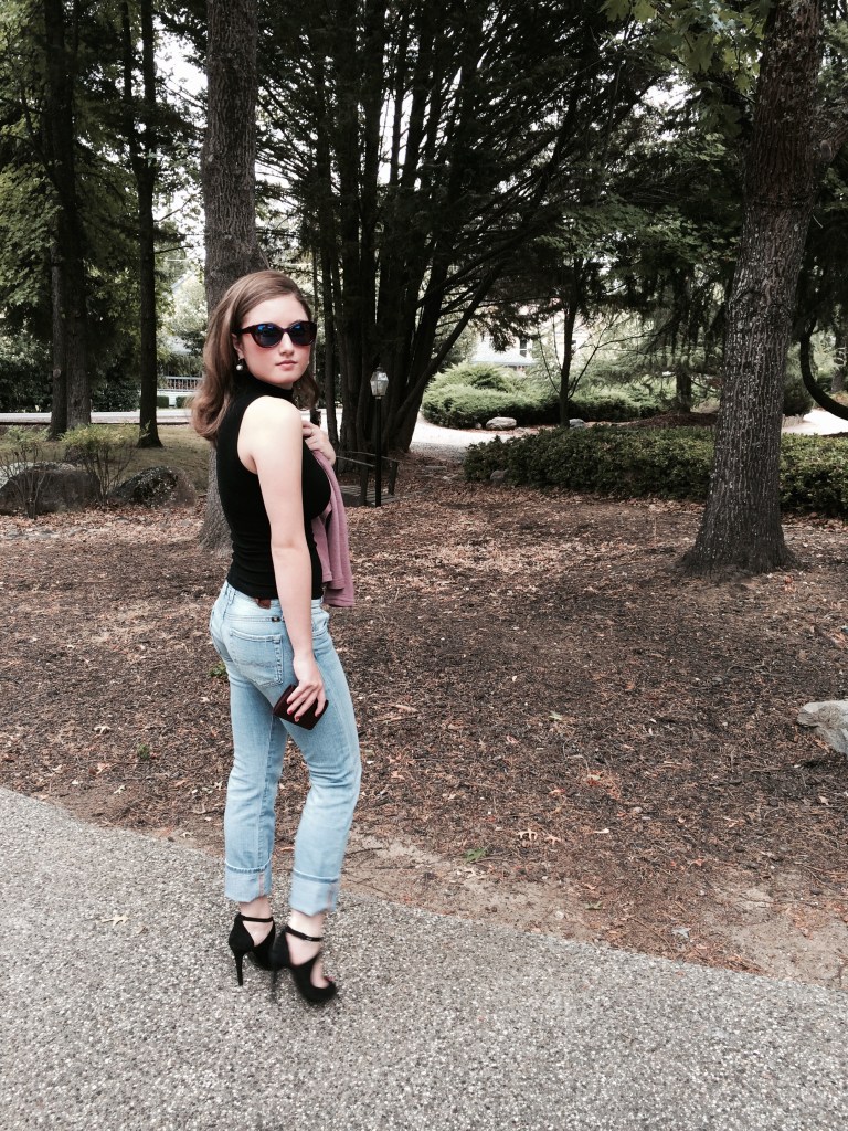 Strappy Zara Heels, Purple Sweater, Black Turtleneck Tank, Lucky Boyfriend Jeans, Louis Vuitton Wallet, Anthropology Sunglasses