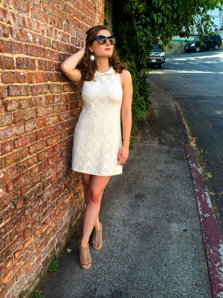 How to wear your hair natural, white lace collared dress, tan mule heels, sunglasses, hoop shell earrings