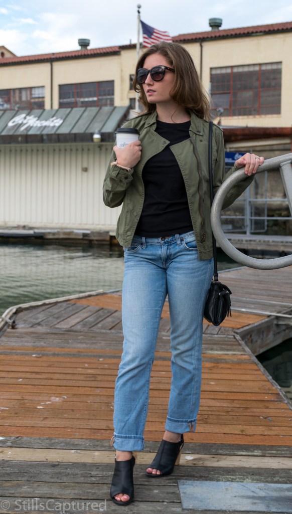 Off The Grid SF, H&M jacket, Black Pocket T-Shirt, Boyfriend Jeans, Peep-Toe Mule Heels, Sunnies, Cross-Body Leather Purse