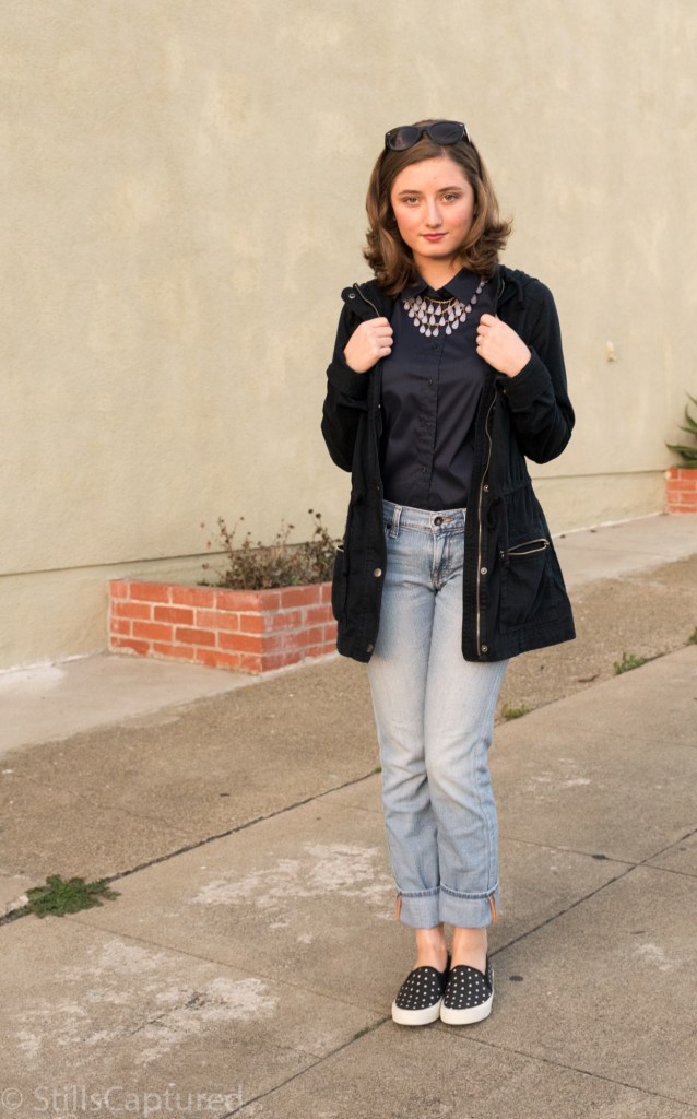 Forever 21 statement necklace, Uniqlo satin button down, lucky boyfriend jeans, American Eagle polka dot sneakers, Nordstrom sunnies,The Sak bag, Hollister coat