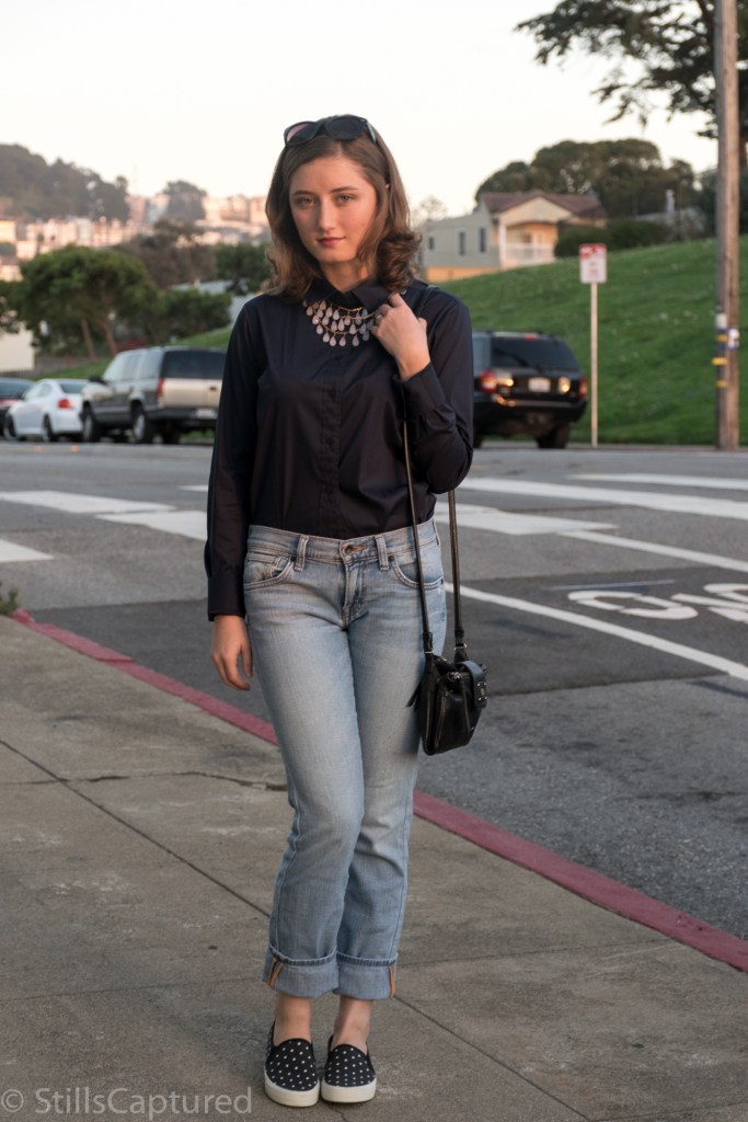 Forever 21 statement necklace, Uniqlo satin button down, lucky boyfriend jeans, American Eagle polka dot sneakers, Nordstrom sunnies,The Sak bag