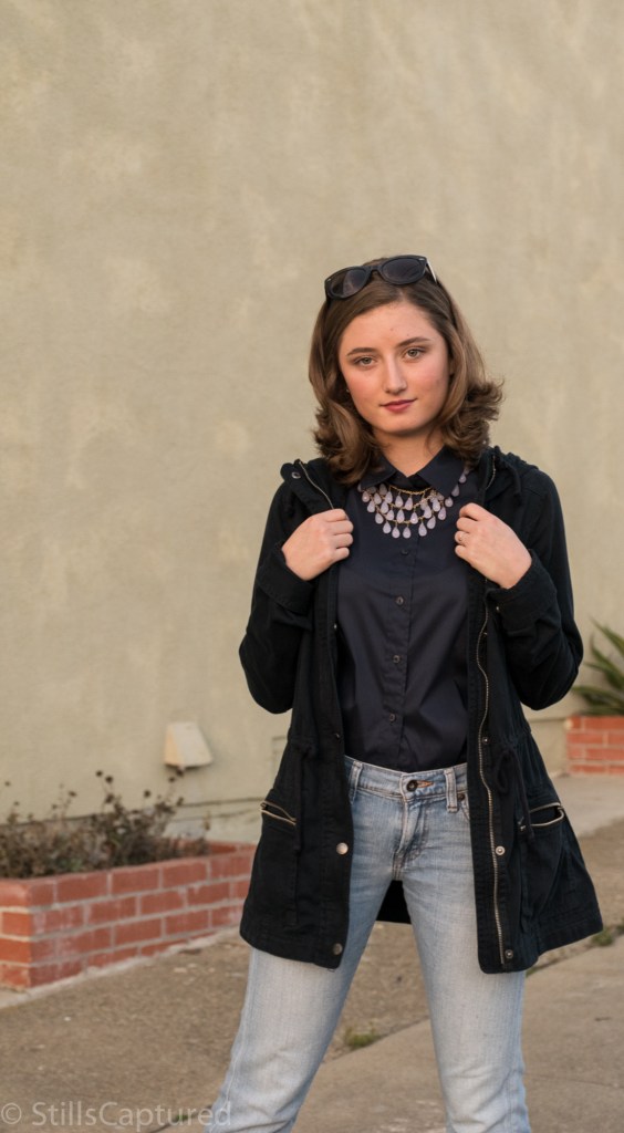 Forever 21 statement necklace, Uniqlo satin button down, lucky boyfriend jeans, American Eagle polka dot sneakers, Nordstrom sunnies,The Sak bag, Hollister coat