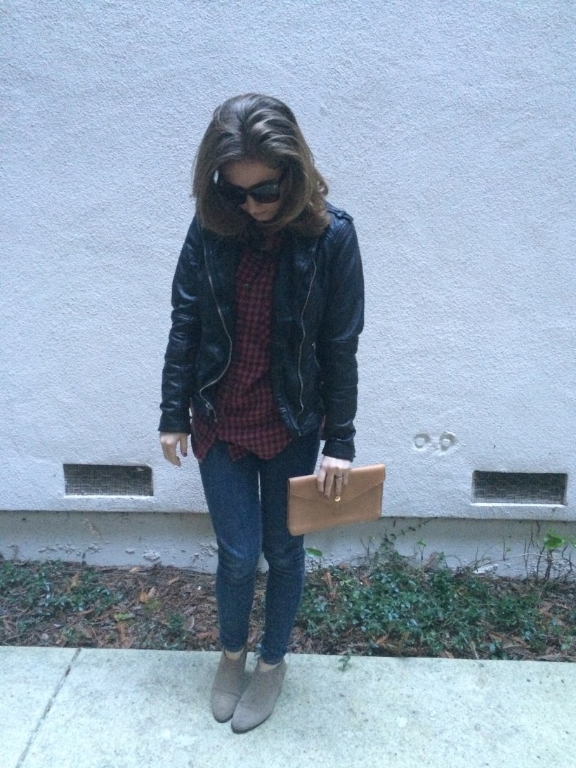 Leather clutch, leather jacket, flannel, skinny jeans, booties