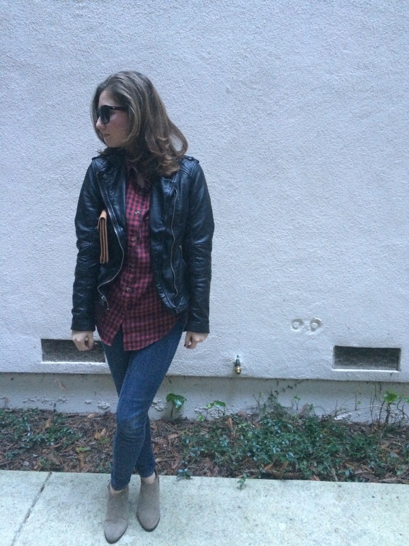 Abercrombie Leather jacket, Levis skinny jeans, Brandy Melville Flannel, Lucky Brand Booties, L.L. Bean Clutch