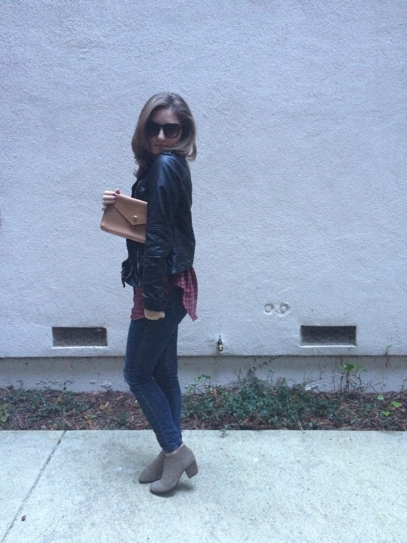 Abercrombie Leather jacket, Levis skinny jeans, Brandy Melville Flannel, Lucky Brand Booties, L.L. Bean Clutch