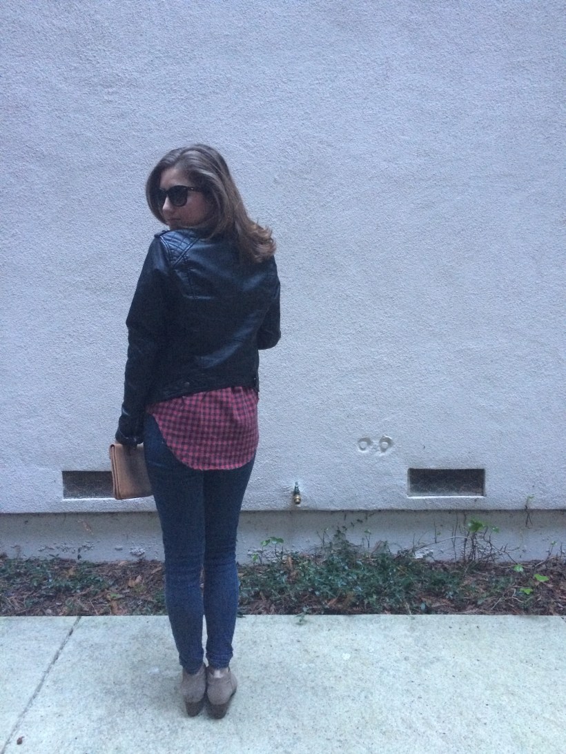 Abercrombie Leather jacket, Levis skinny jeans, Brandy Melville Flannel, Lucky Brand Booties, L.L. Bean Clutch