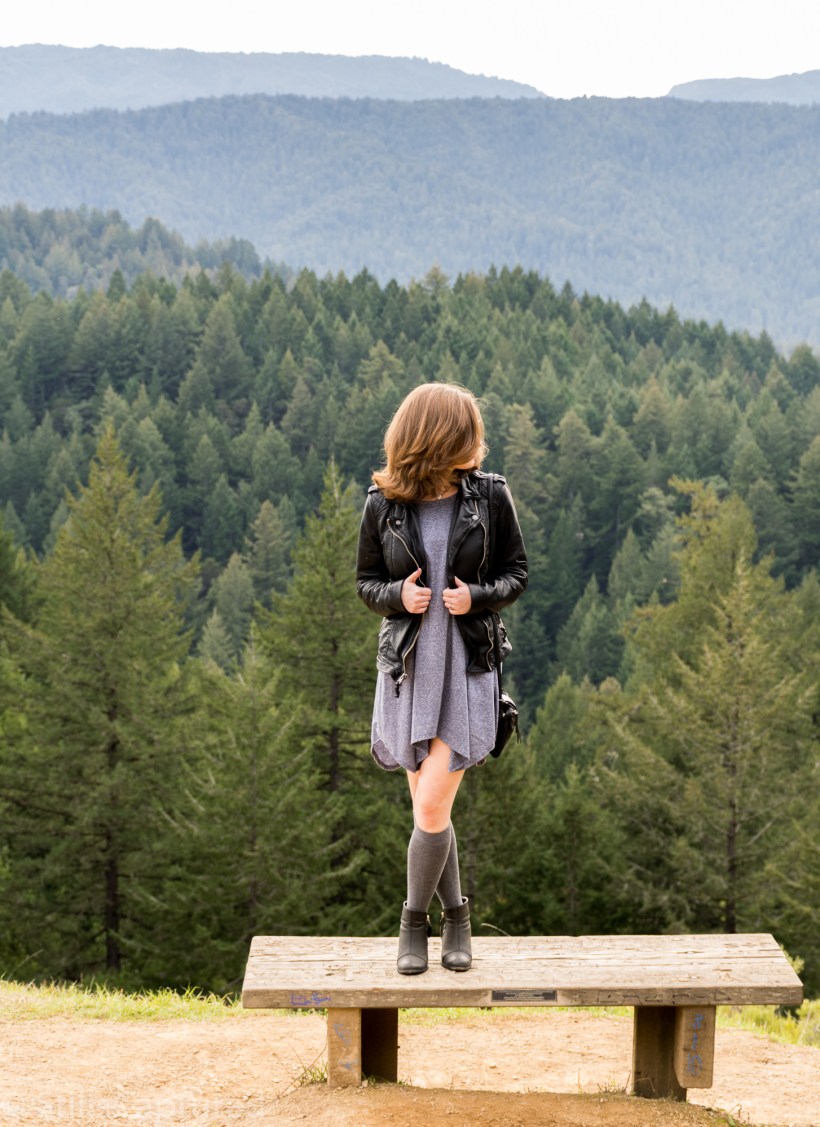 Leather jacket, Blue dress, Knee socks, Booties