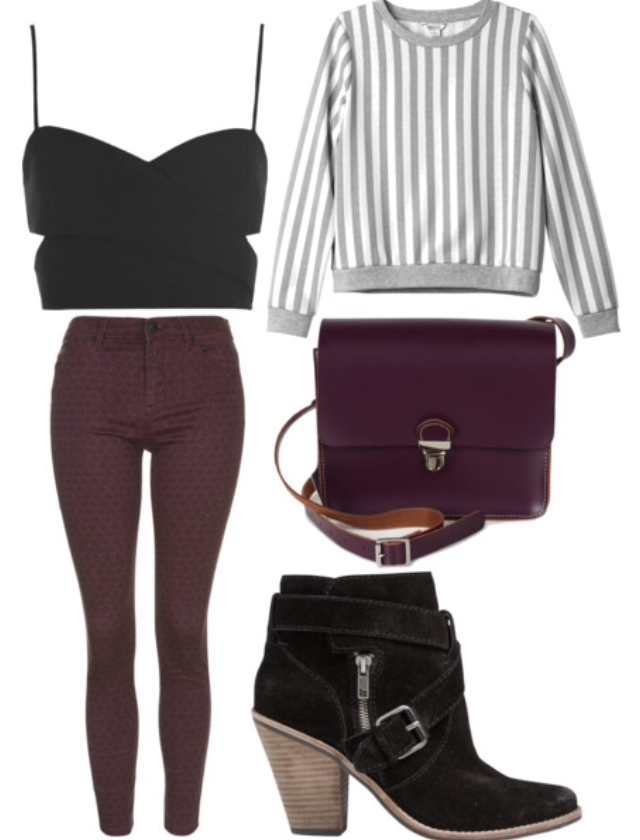 striped sweatshirt, purple skinnies, booties