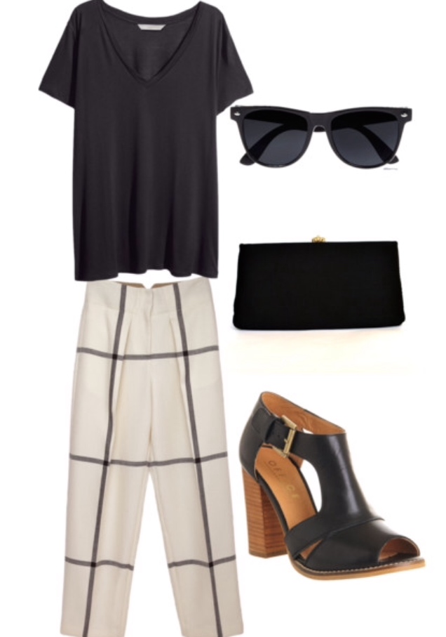 black loose t-shirt, trousers, black wedge, sunnies, clutch