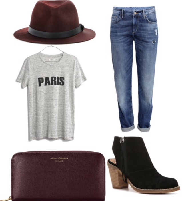 red hat, T-shirt, boyfriend jeans, black booties, purple clutch