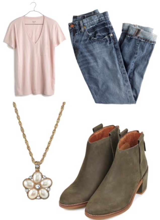pink t-shirt, boyfriend jeans, green booties, statement necklace
