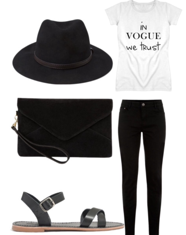 black hat, black skinnies, t-shirt, sandals