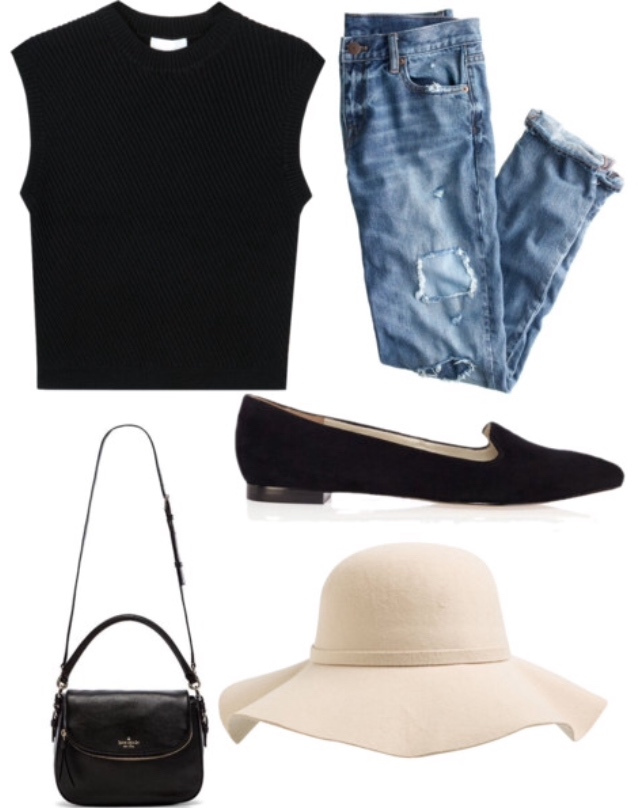 black tank, boyfriend jeans, sun hat, black flats