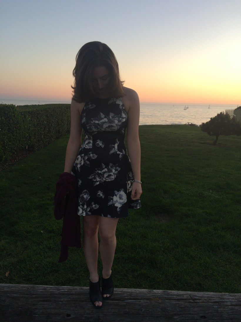 Skater Dress A&F, H&M Burgundy Cardigan, Steve Madden Peep-Toe Mule Pumps 