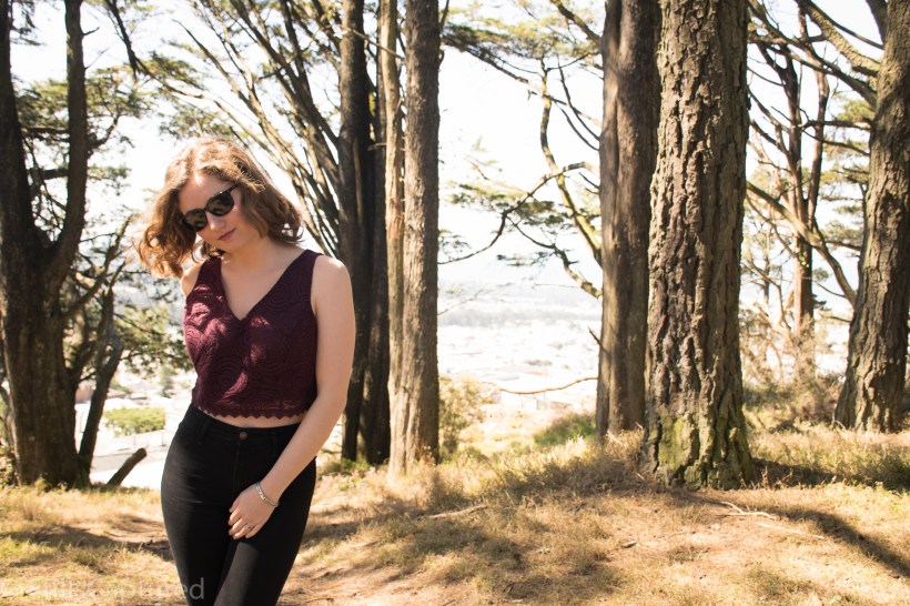 Plum Nordstrom Crop Top, High Waisted Black Abercrombie Jeans, Peep Toe Heels