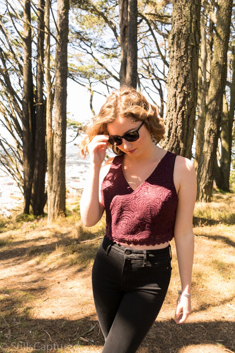 Plum Nordstrom Crop Top, High Waisted Black Abercrombie Jeans, Peep Toe Heels