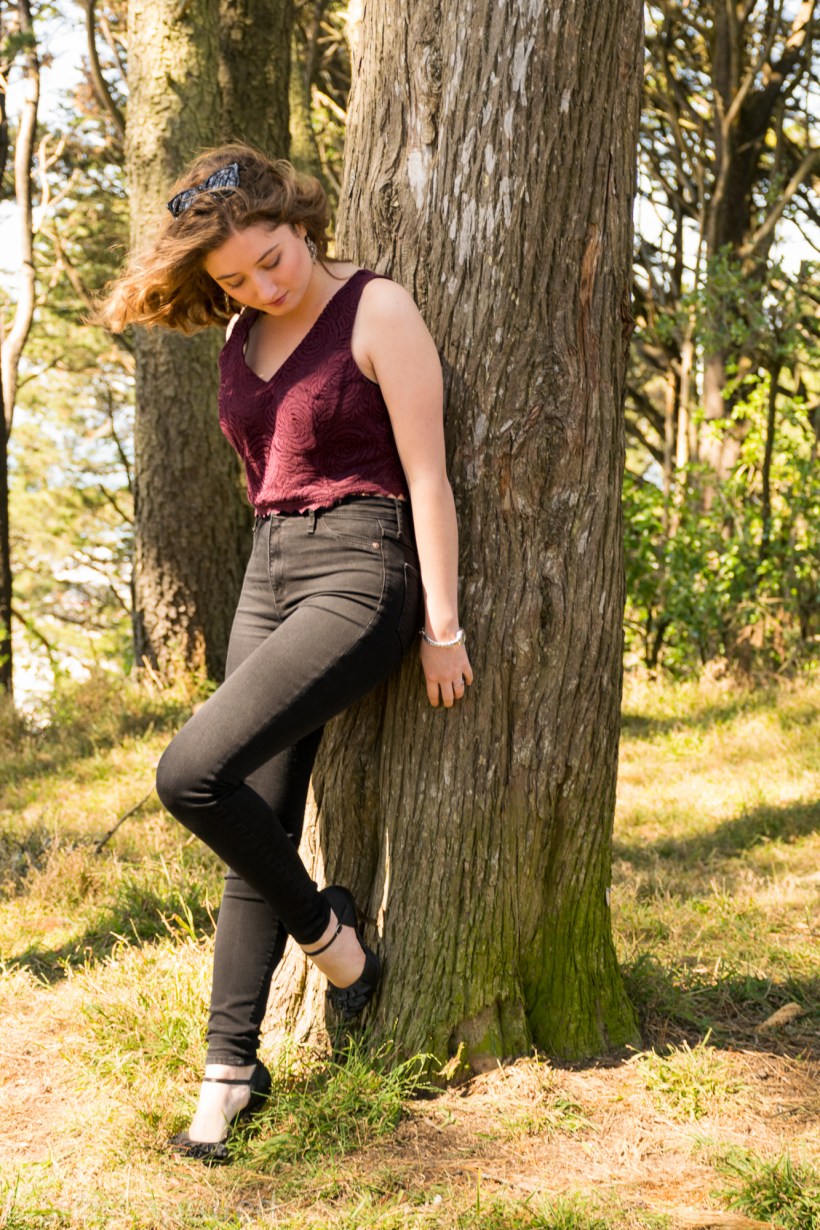 Plum Nordstrom Crop Top, High Waisted Black Abercrombie Jeans, Peep Toe Heels