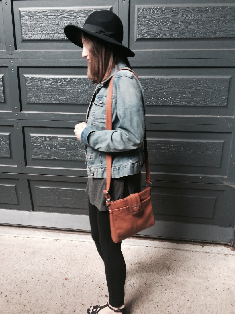 Jean jacket, long tee, leggings, sandals, hat, brown cross body purse