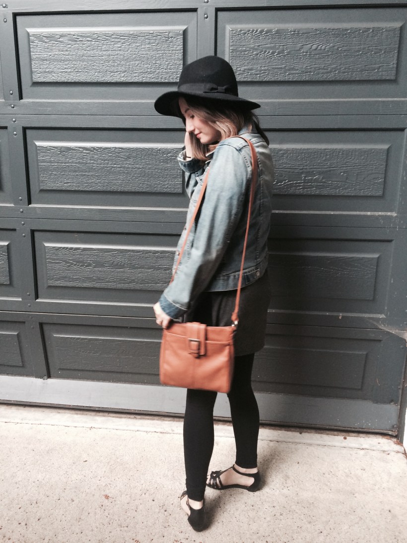 Jean jacket, long tee, leggings, sandals, hat, brown cross body purse
