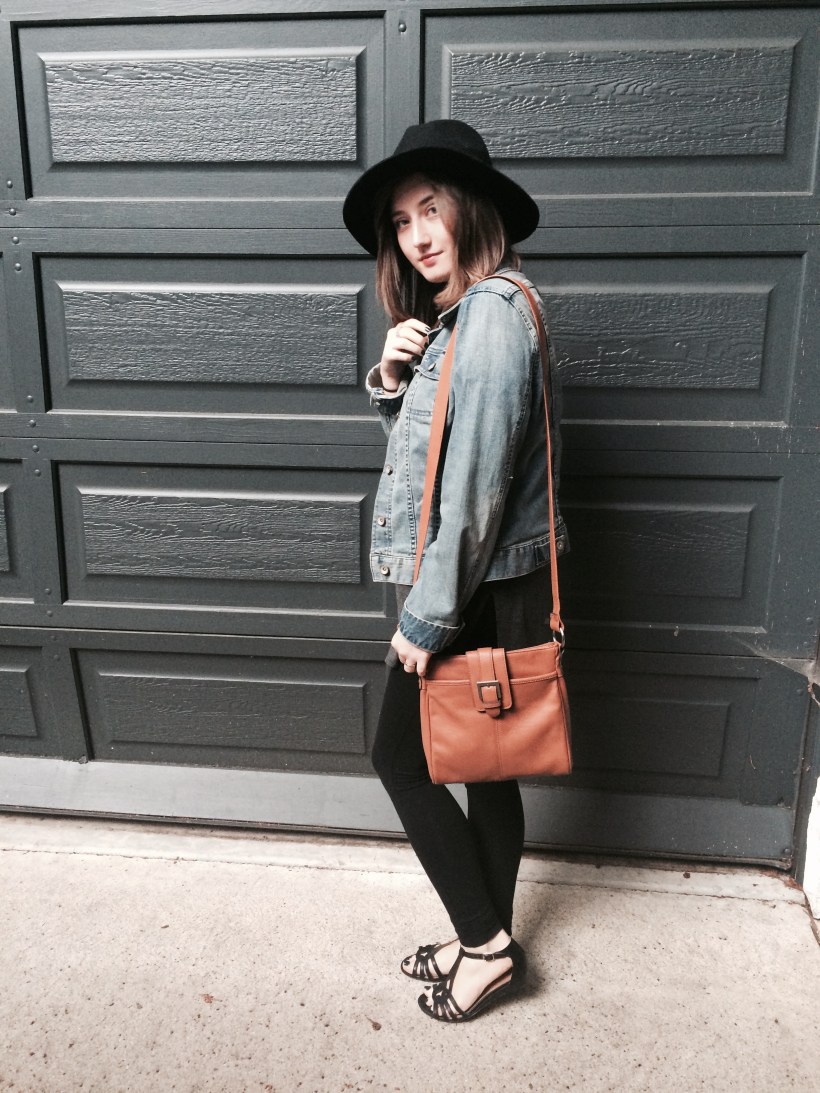 Jean jacket, long tee, leggings, sandals, hat, brown cross body purse