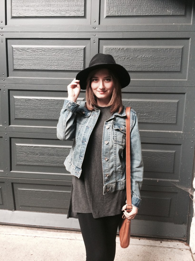 Jean jacket, long tee, leggings, sandals, hat, brown cross body purse