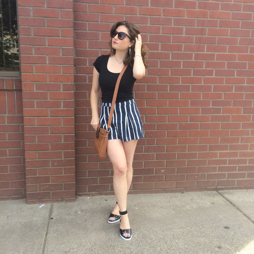 Abercrombie crop top, Abercrombie high-waisted striped shorts, Gap Strappy Sandals