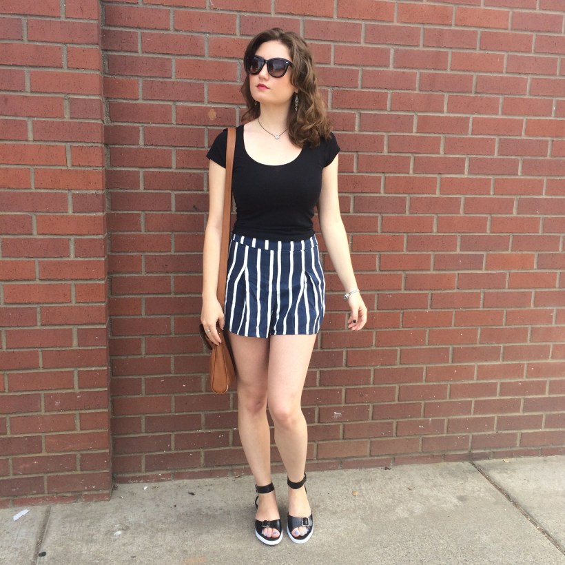 Abercrombie crop top, Abercrombie high-waisted striped shorts, Gap Strappy Sandals