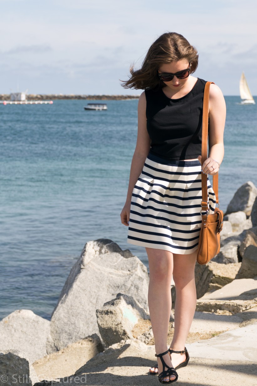 Express crop top, Nordstrom Sunnies, Gap Skirt, Chelsea Crew Sandals, Merona Bag