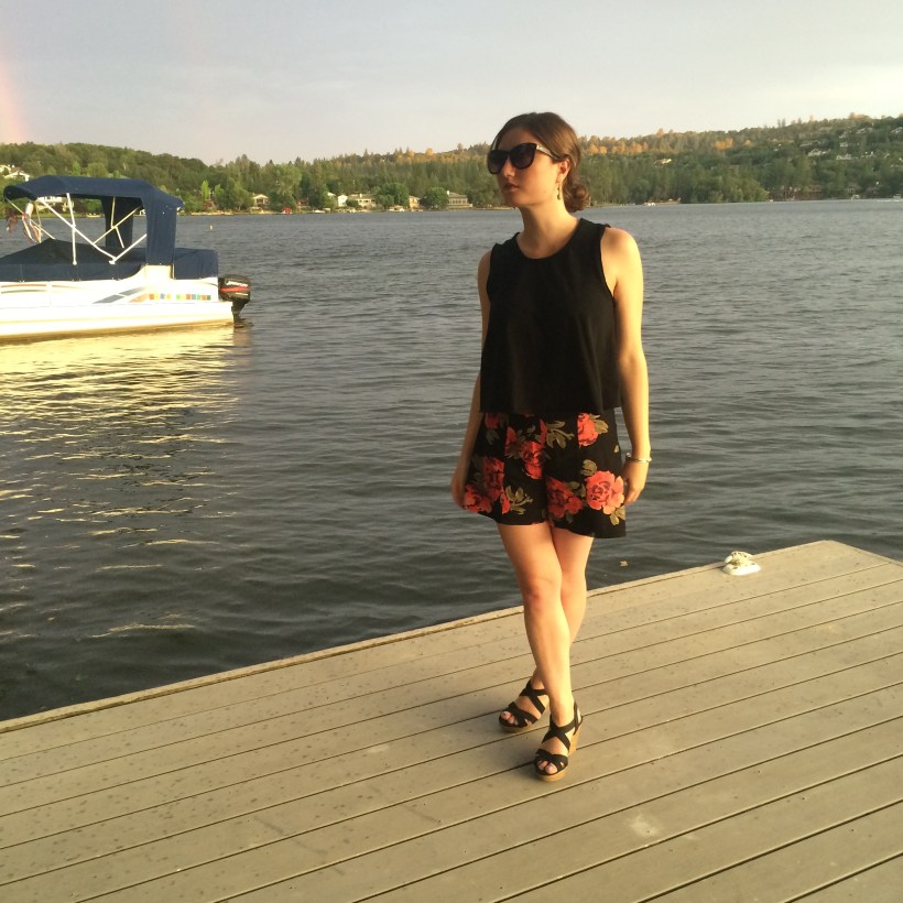 Urban Outfitters black tank top, Urban Outfitters floral shorts, scrappy wedges, Nordstrom sunnies