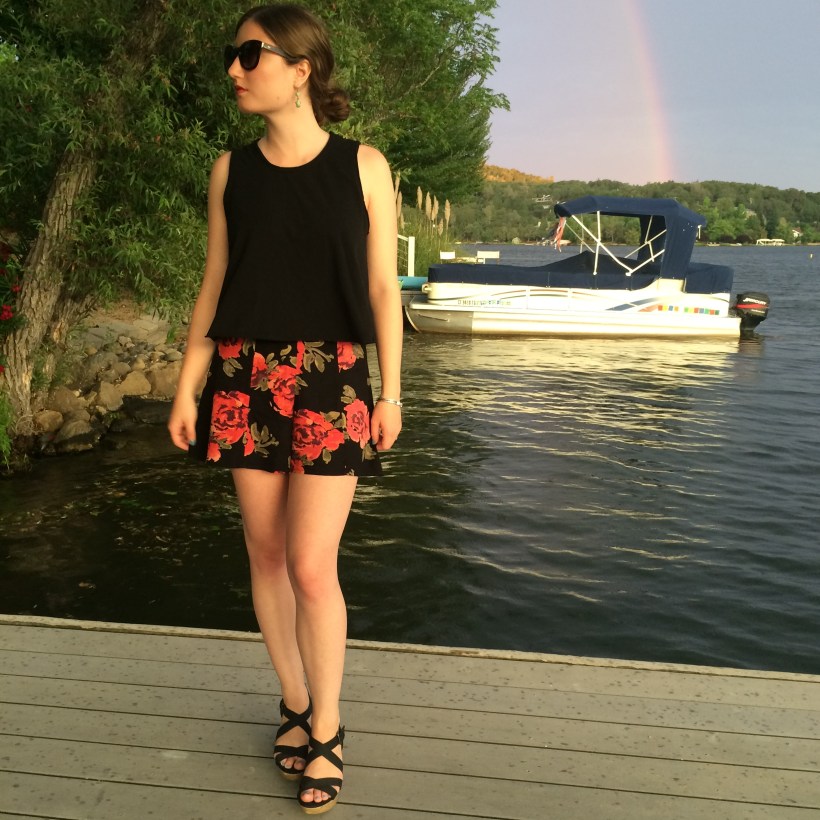 Urban Outfitters black tank top, Urban Outfitters floral shorts, scrappy wedges, Nordstrom sunnies