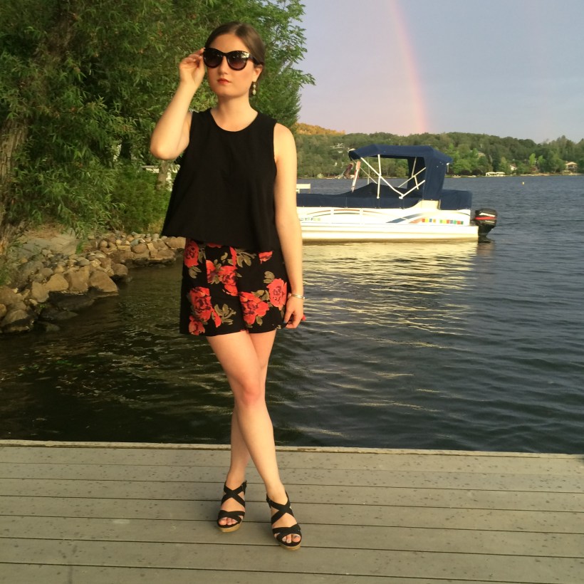 Urban Outfitters black tank top, Urban Outfitters floral shorts, scrappy wedges, Nordstrom sunnies