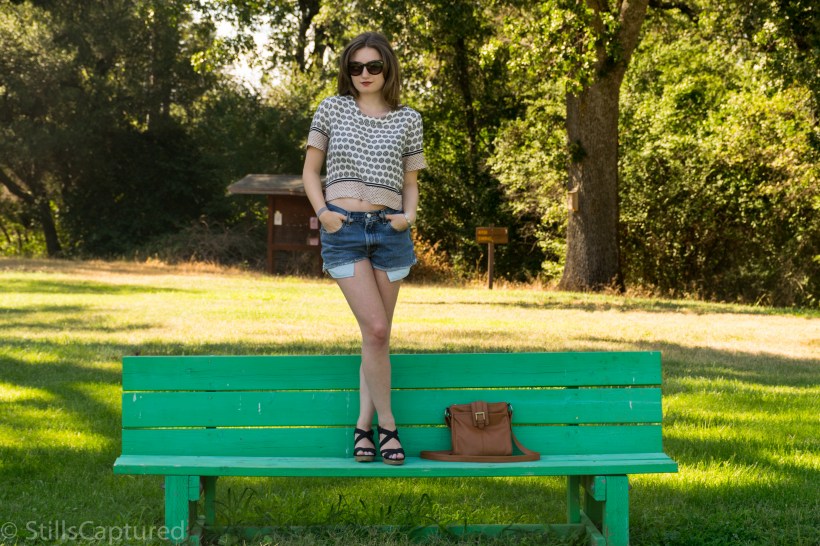 Forever 21 Printed Top, Levis Cutoffs, Strappy Wedges, Nordstrom Sunnies, Target Bag