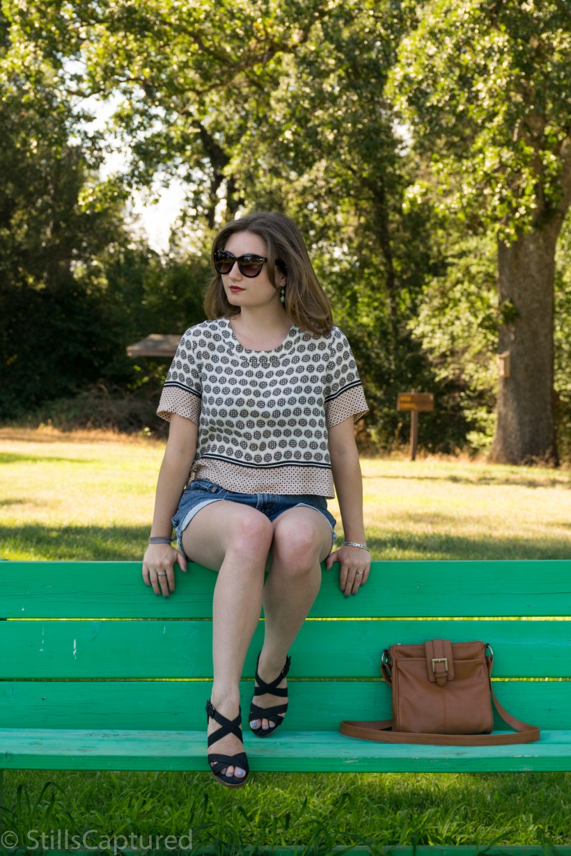 Forever 21 Printed Top, Levis Cutoffs, Strappy Wedges, Nordstrom Sunnies, Target Bag