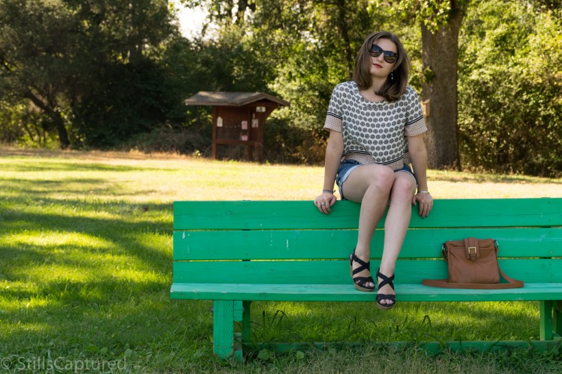 Forever 21 Printed Top, Levis Cutoffs, Strappy Wedges, Nordstrom Sunnies, Target Bag
