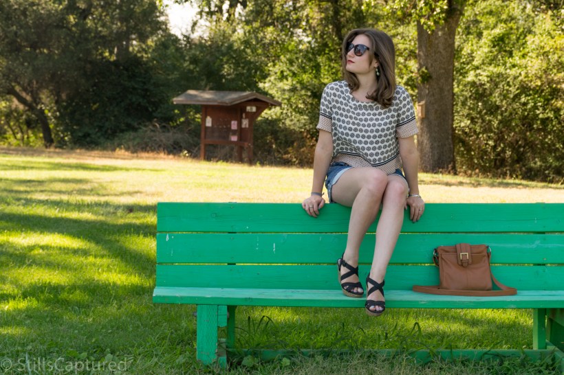 Forever 21 Printed Top, Levis Cutoffs, Strappy Wedges, Nordstrom Sunnies, Target Bag
