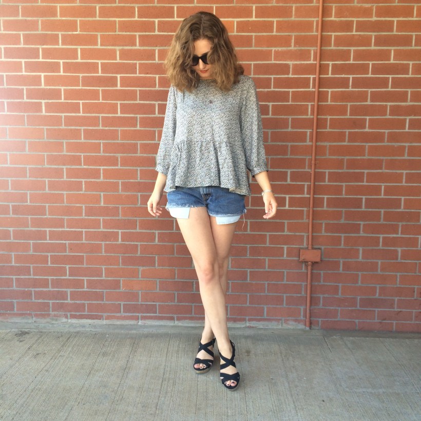 lucky brand earrings, red lips, urban peasant top, levi's denim cutoffs, scrappy wedges, nordstrom sunnies