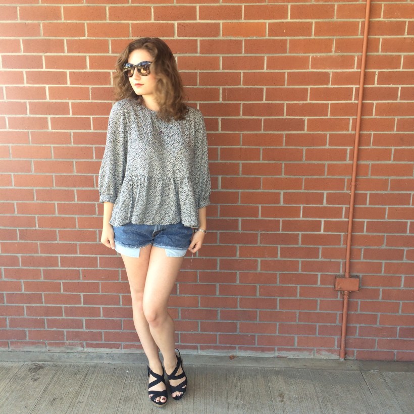 lucky brand earrings, red lips, urban peasant top, levi's denim cutoffs, scrappy wedges, nordstrom sunnies