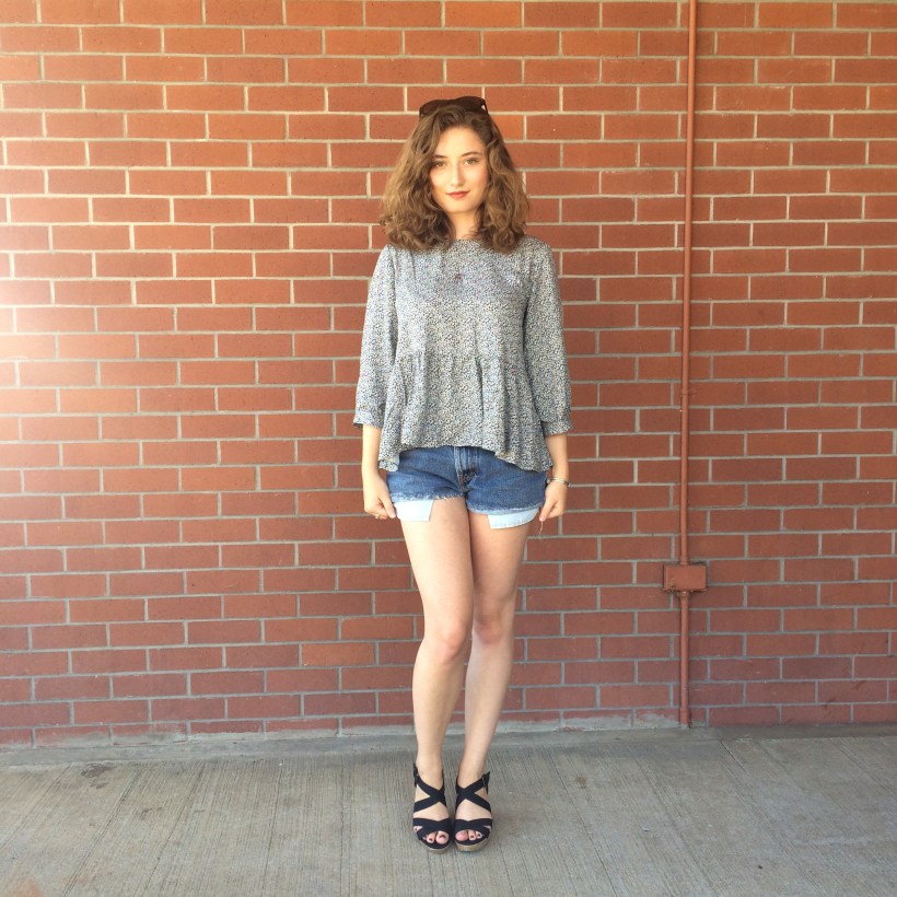 lucky brand earrings, red lips, urban peasant top, levi's denim cutoffs, scrappy wedges, nordstrom sunnies