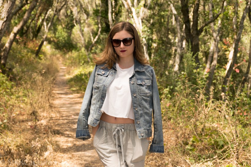 Urban Outfitters loose fitting tank top and pants, cross body purse, nordstrom sunnies, wedge pumps , target denim jacket