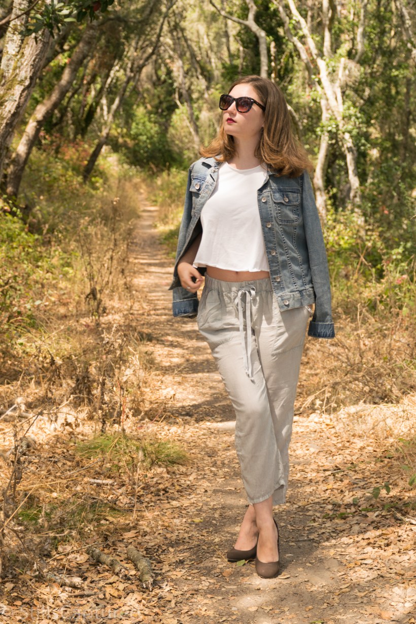 Urban Outfitters loose fitting tank top and pants, cross body purse, nordstrom sunnies, wedge pumps , target denim jacket