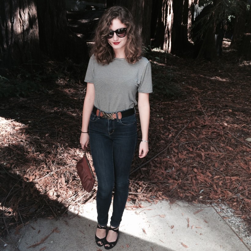 Abercrombie Striped Tee, Levi's Jeans, Urban belt, Zara Heels