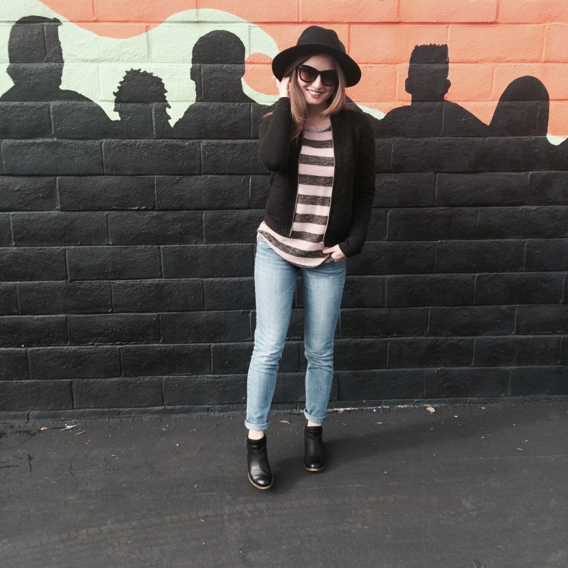 Brandy Melville Hat, Urban Outfitters Striped Sweater, STS Blue Jeans, Lucky Brand Bootles, Nordstrom Sunnies