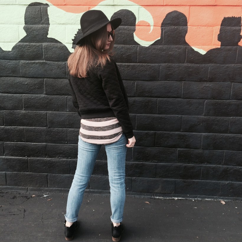 Brandy Melville Hat, Urban Outfitters Striped Sweater, STS Blue Jeans, Lucky Brand Bootles, Nordstrom Sunnies